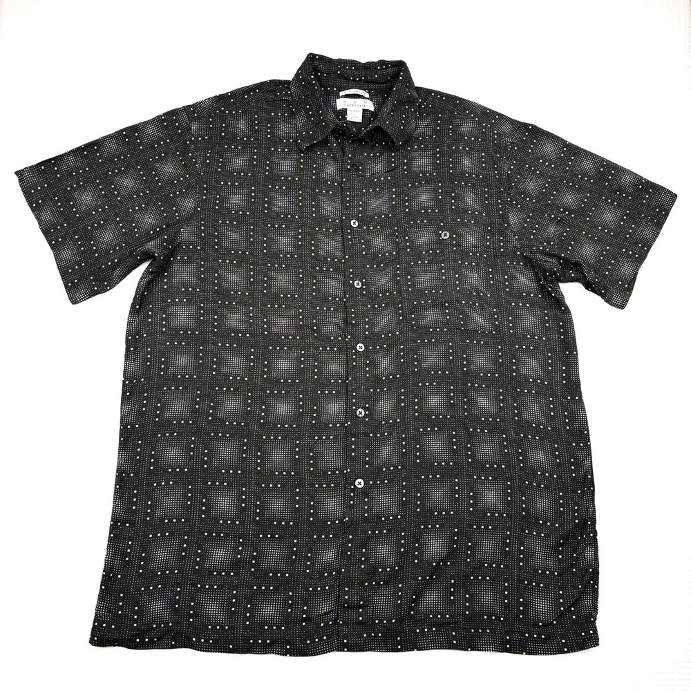 Ron Chereskin Mens Large Luxe Rayon Shirt Black White Geometric Short Sleeve